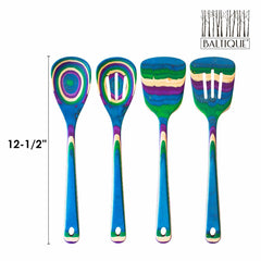 Explore the lively Baltique® Mumbai Collection by Totally Bamboo: a vivid 4-piece cooking utensil set made from colored birch. This collection features a spoon, slotted spoon, slotted spatula, and spatula with eye-catching stripes in blue, green, purple, and yellow. Each utensil measures 12-1/2 inches and proudly displays the Baltique logo at the top.