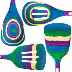 Discover the Baltique® Mumbai Collection 4-Piece Cooking Utensil Set by Totally Bamboo, showcasing a vibrant mix of swirling patterns in blue, green, purple, and beige. The image highlights four essential utensils: a slotted spatula, regular spatula, spoon, and slotted spoon—all featuring distinct and lively designs.