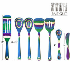 Explore the lively Baltique® Mumbai Collection 7-Piece Cooking Utensil Set from Totally Bamboo, which includes a spatula, three spoons, a slotted spatula, and a spreader knife. Each utensil is adorned with vibrant birch striped designs in blue, green, purple, and natural wood tones. The set is complete with measurements and proudly features the tree logo in the top right corner.