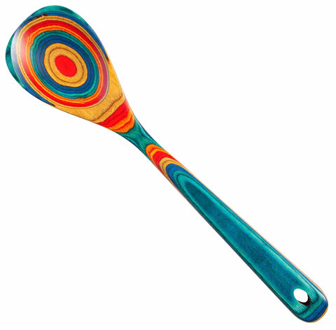 The Baltique® Montego Bay Collection Cooking Spoon, 12-1/2" from Totally Bamboo is designed with a striking multicolored pattern featuring concentric circles in red, yellow, green, and blue on its head. Its colored birch construction includes a distinctive blue-green handle that adds an artistic and vibrant flair, making it truly unique and eye-catching.