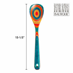 The Baltique® Montego Bay Collection Cooking Spoon from Totally Bamboo is a vibrant piece, featuring concentric circles that adorn its 12-1/2-inch handle and head. Made from colorful birch, it proudly showcases the Baltique logo in the top right corner, alongside stylized trees.