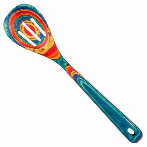 The eye-catching Baltique® Montego Bay Collection Slotted Spoon, 12-1/2" by Totally Bamboo showcases a striking rainbow pattern featuring hues of blue, red, yellow, and orange. Made from colored birch, it includes an extended handle with a small hole for easy hanging.