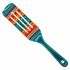 The colorful 13" spurtle from Totally Bamboo’s Baltique® Montego Bay Collection showcases three slits adorned with dynamic blue, green, red, orange, and yellow stripes. This must-have kitchen utensil features a handle with a small hole for easy hanging.