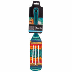 Introducing the Baltique® Montego Bay Collection Spurtle by Totally Bamboo, a vibrant silicone kitchen tool designed in striking teal, orange, and red hues. This essential spurtle comes with a label reading "Spurtle" and includes a convenient hanging hole for easy storage.