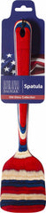 The Baltique® Old Glory Collection Spatula, 12-1/2" by Totally Bamboo features a vibrant design with a red, white, and blue striped handle adorned with stars and stripes reminiscent of the American flag. It comes packaged with a "Spatula" label.