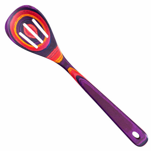 The Totally Bamboo Baltique® Waikiki Collection Slotted Spoon, measuring 12-1/2 inches, showcases a vibrant blend of swirling purple, red, and orange hues. This artistic utensil not only adds a splash of color but also features a practical hole at the end of the handle for easy hanging.