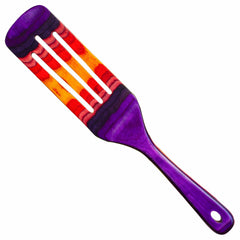 Part of the Baltique® Waikiki Collection from Totally Bamboo, this 13" spurtle boasts a colorful design with a purple handle and a blade adorned in vibrant red, orange, and yellow stripes. It features two slots in the center to ensure it's safe for non-stick cookware.