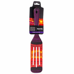 A vibrant kitchen tool from the Baltique® Waikiki Collection by Totally Bamboo, this 13" slotted spurtle showcases a striking purple handle adorned with vivid red, yellow, and orange stripes. It is safe for non-stick cookware and comes packaged with a sleek black label.