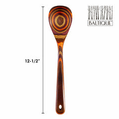 The Totally Bamboo Baltique® Poconos Collection Cooking Spoon, featuring autumnal colors and concentric circular patterns, measures 12-1/2 inches. Its non-stick safe design prominently displays the "Baltique" logo with tree silhouettes on the upper right.