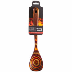 A vibrant wooden mixing spoon featuring swirls of red, brown, and gold, evocative of autumn hues. It is displayed on a black and red cardboard package labeled "Totally Bamboo Baltique® Poconos Collection Cooking Spoon, 12-1/2"." The packaging includes a design with autumn leaves and is safe for use with non-stick cookware.