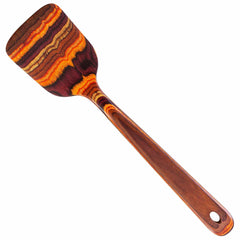 The Totally Bamboo Baltique® Poconos Collection Spatula, measuring 12-1/2 inches, features a colorful layered design in vibrant autumnal shades of red, orange, brown, and yellow. Made from colored birch, this spatula has a flat, rounded end and includes a handle with a hole for convenient hanging.