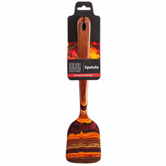 Displayed against a white background, a wooden spatula features a vibrant, striped pattern in autumnal colors. It is packaged with black and red labeling that reads "Baltique® Poconos Collection Spatula." This 12-1/2" kitchen tool by Totally Bamboo showcases its distinctive colored birch design.