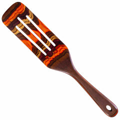 The Totally Bamboo Baltique® Poconos Collection Spurtle, measuring 13 inches, is a wooden slotted spatula adorned with a vibrant, layered design in the autumnal hues of red, orange, and brown. Its handle includes a convenient small hole for hanging.