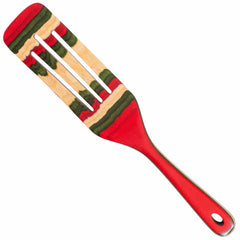 As part of the Baltique® North Pole Collection by Totally Bamboo, this colorful 13" wooden spurtle features a festive striped design in red, green, and beige. The predominantly red handle enhances its Christmas-themed appearance, while the two slots in the flat section make it an indispensable kitchen tool.