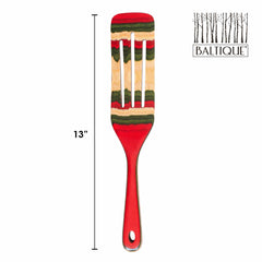 The Baltique® North Pole Collection Spurtle, a product by Totally Bamboo, is a colorful wooden spatula featuring a striped pattern in red, green, and natural wood tones. Measuring 13 inches, this vibrant kitchen tool showcases the "Baltique" branding and tree logos in the top right corner.