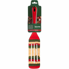 The 13" Baltique® North Pole Collection Spurtle by Totally Bamboo is a wooden utensil with a flat, slotted design and features stripes in green, red, and natural wood. It has a red handle and comes in festive-themed packaging, making it an ideal kitchen tool for introducing Christmas colors into your cooking.