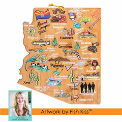 The Arizona Cutting Board with Artwork by Fish Kiss™, offered by Totally Bamboo, features an illustrated map of Arizona on a bamboo surface. It is adorned with landmarks, animals, and cacti and highlights cities such as Phoenix and Tucson as well as the Grand Canyon. Additionally, it includes a small depiction of Anne Klein.