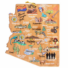 The Arizona Cutting Board with Artwork by Fish Kiss™ from Totally Bamboo beautifully showcases a map of Arizona, offering both functionality and elegance.