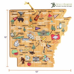 This delightful Arkansas Cutting Board with Artwork by Fish Kiss™, produced by Totally Bamboo, features a perfect blend of charming illustrations using Food-Safe UV Printing. The board is adorned with vibrant hand-drawn images and labels depicting Arkansas cities, landmarks, and icons such as a diamond and banjo. It measures 13 inches high by 12 inches wide.