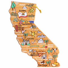 Explore the California Cutting Board with Artwork by Fish Kiss™, crafted by Totally Bamboo. This board not only serves as an illustrated wooden map of California but also functions as a state-shaped cutting board. It showcases iconic landmarks, including San Francisco's Golden Gate Bridge and the Hollywood sign, while featuring nature-inspired details like mountains and trees on its bamboo surface.