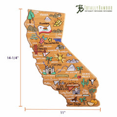 The California Cutting Board from Totally Bamboo, featuring artwork by Fish Kiss™, artfully depicts the state with key cities and landmarks such as San Francisco and Yosemite. Charming icons like the Golden Gate Bridge enhance its appeal. With dimensions of 14-1/4" high by 11" wide, it's perfect for both display and practical use.