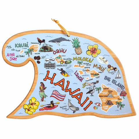 This Hawaiian Islands Cutting Board, designed by Fish Kiss™ and offered by Totally Bamboo, showcases an artistic depiction of Hawaii in the form of a wave. It features illustrated icons such as pineapples, surfers, and hula dancers to celebrate Hawaiian culture. The islands are labeled, and colorful elements enhance its vibrant look with the word "Hawaii" prominently displayed.