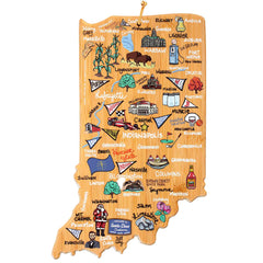 The Indiana Cutting Board with Artwork by Fish Kiss™ from Totally Bamboo is designed in the shape of the state and illustrates cities, landmarks, and symbols iconic to Indiana, such as corn, the Indy 500, basketball, wine, and covered bridges. Each city is highlighted with unique Fish Kiss-style drawings that capture its distinct characteristics.