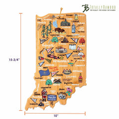 The Indiana Cutting Board with Artwork by Fish Kiss™, crafted by Totally Bamboo, features a vibrant bamboo cutting surface decorated with colorful illustrations of landmarks and city names such as Indianapolis, Fort Wayne, and South Bend. It measures 15-3/4 inches by 10 inches.