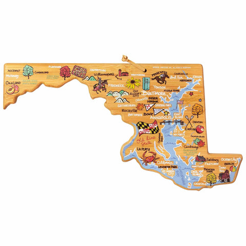 The Maryland Cutting Board with Artwork by Fish Kiss™, crafted by Totally Bamboo, is an intricately illustrated wooden map of Maryland. It features engraved landmarks and cities, including Baltimore, Annapolis, and Ocean City, along with charming icons like crabs, boats, forests, and distinctive elements from Fish Kiss Artwork for a unique touch.