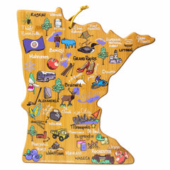 Discover the Minnesota Cutting Board with Artwork by Fish Kiss™, crafted by Totally Bamboo. This piece showcases an illustrated map of Minnesota, adorned with charming icons like a moose near Bemidji, a ferris wheel in Minneapolis, and a canoe close to Duluth. It features notable landmarks such as the Mall of America and a loon, accompanied by each city's name in whimsical fonts—a delightful addition from Fish Kiss Artwork!