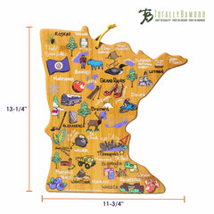 The Totally Bamboo Minnesota Cutting Board with Artwork by Fish Kiss™ is designed in the shape of the state, showcasing vibrant illustrations of landmarks, local wildlife, and cities including Minneapolis, Saint Paul, and Duluth. Measuring 13-1/4" high by 11-3/4" wide, it's a striking addition to any kitchen.