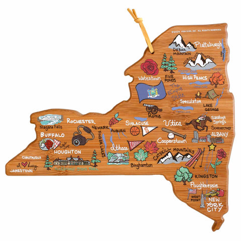 The New York Cutting Board with Artwork by Fish Kiss™, brought to you by Totally Bamboo, showcases an illustrated map of New York State on a state-shaped cutting board. It features small icons representing landmarks like Niagara Falls, Syracuse, Albany, and New York City, along with mountains and lakes on a smooth bamboo surface.