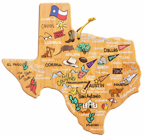 The Texas Cutting Board with Artwork by Fish Kiss™ from Totally Bamboo features an illustrated map of Texas on a bamboo surface, highlighting cities and landmarks. It includes symbols such as boots, a cowboy hat, an armadillo, and cacti with vibrant doodles by Fish Kiss Artwork spotlighting locations like Houston, Dallas, Austin, and more.