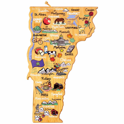 This Vermont Cutting Board, designed by Fish Kiss™ and offered by Totally Bamboo, highlights the state's charm with colorful illustrations of towns and landmarks such as Burlington and Mount Mansfield. It features intricate icons representing skiing and agriculture, making it as detailed as an illustrated map.