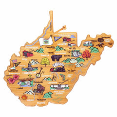 Explore the West Virginia Cutting Board with Artwork by Fish Kiss™, crafted by Totally Bamboo. This illustrated wooden map showcases towns, mountains, rivers, and a coal train, along with recreational activities like skiing. Discover vibrant wildlife visuals and landmarks in Charleston, Huntington, and Morgantown etched onto a high-quality bamboo cutting surface.