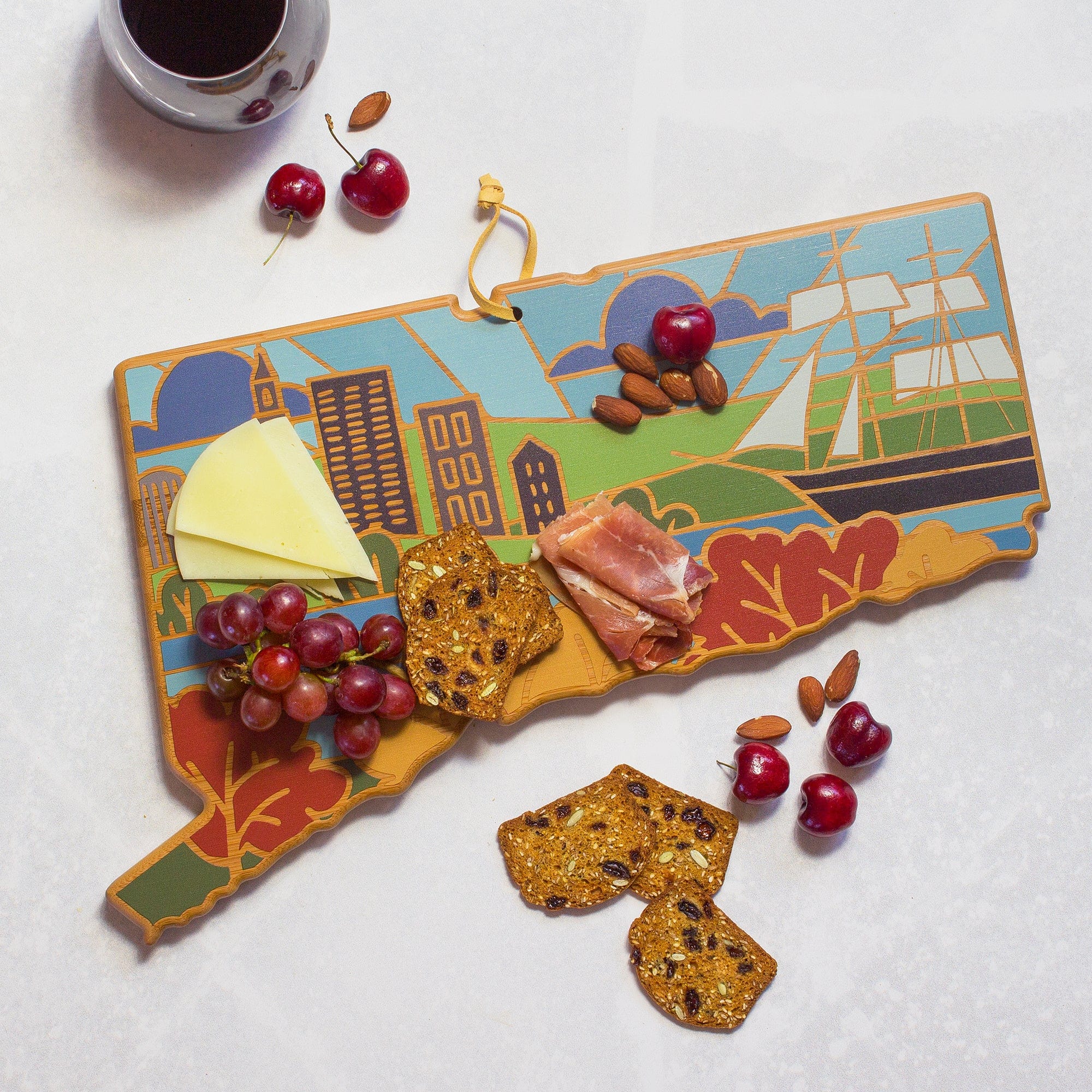 Totally Bamboo Connecticut State Shaped Serving and Cutting Board with Artwork by Summer Stokes