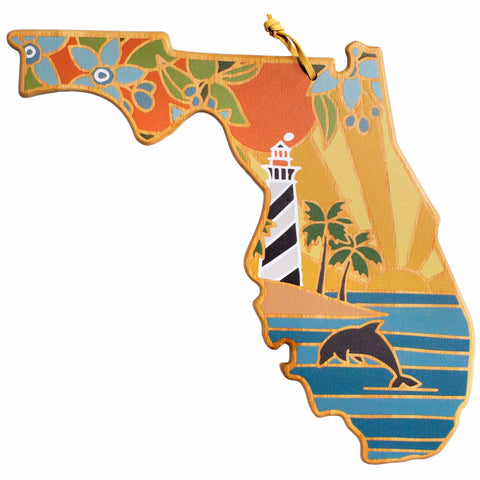 This lively Florida-shaped cutting board, featuring artwork by Summer Stokes and offered by Totally Bamboo, displays exquisite floral designs along with a lighthouse, palm trees, a dolphin leaping from the waves, and a captivating sunset. Its appeal reflects the charm of Stokes' artwork with an extra dose of tropical flair.