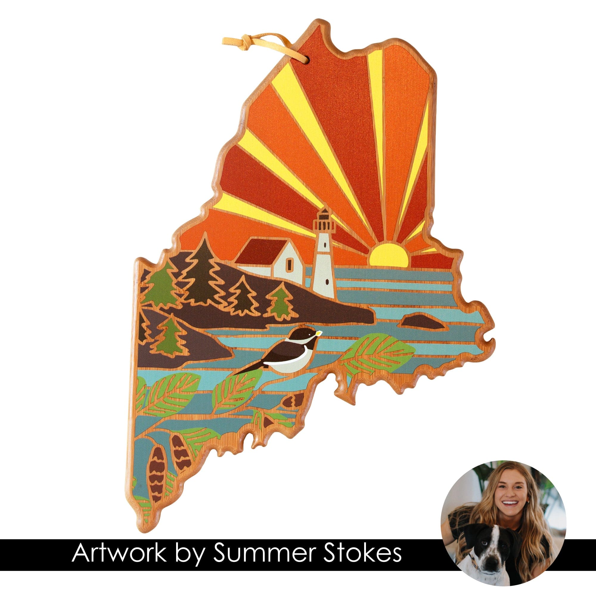 Totally Bamboo Maine State Shaped Serving and Cutting Board with Artwork by Summer Stokes