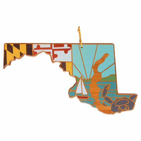 Introducing the Maryland Cutting Board with Artwork by Summer Stokes from Totally Bamboo, a beautifully crafted wooden piece shaped like the state of Maryland. It features vibrant designs including the Maryland flag, a sailboat, a blue crab, and sun rays over water, embodying the distinctive style of Summer Stokes. Additionally, it includes a convenient hanging string at the top for easy display.