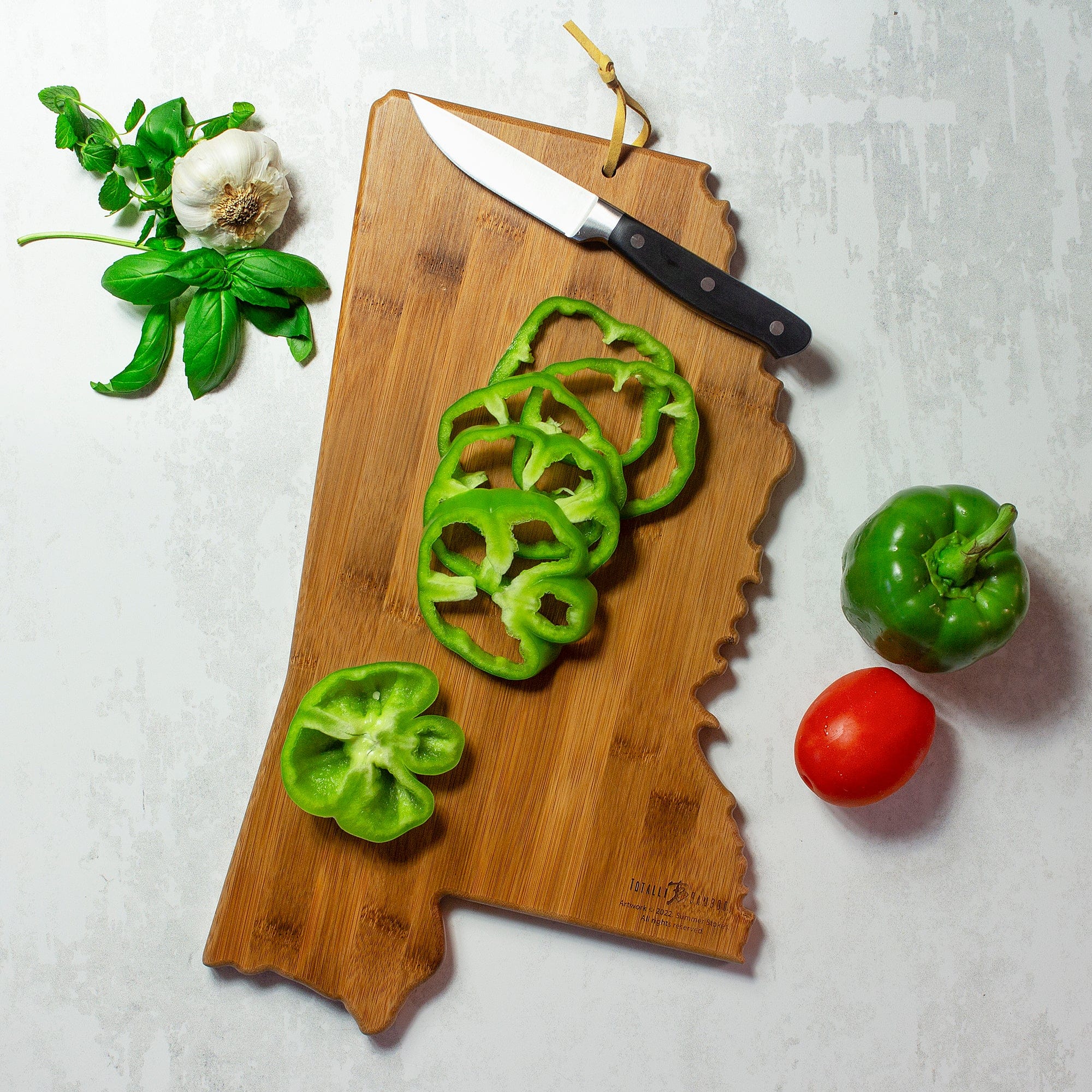 Totally Bamboo Mississippi State Shaped Serving and Cutting Board with Artwork by Summer Stokes