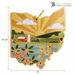 This distinctive Ohio Cutting Board from Totally Bamboo features Summer Stokes' artwork, illustrating a landscape with a red barn, silo, sun rays lighting up the hills, and vibrant flowers in the foreground. It measures 13.5 inches in height and 12 inches in width.