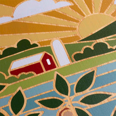 Illustration of a stylized countryside landscape featuring a red barn and silo, fields with plants, green hills, and a large sun with rays extending across the sky with clouds—capturing rustic charm reminiscent of Summer Stokes' artwork seen on the Ohio Cutting Board by Totally Bamboo.