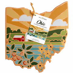 Discover the charm of Ohio with Totally Bamboo's Ohio Cutting Board, adorned with Summer Stokes' vibrant illustrations of sunflowers, a red barn, and sun rays. This board is crafted from durable bamboo and features a label reading "Ohio Cutting & Serving Board" complete with matching artwork.