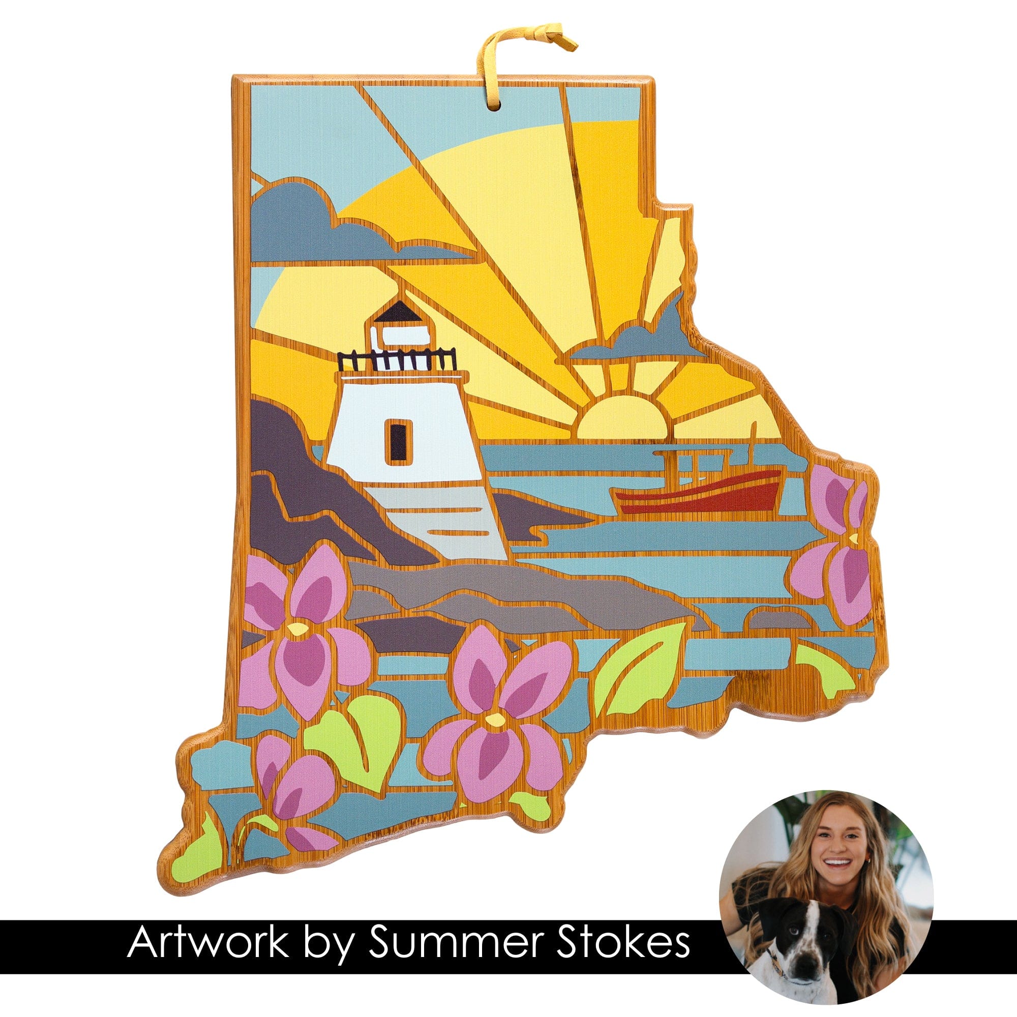 Totally Bamboo Rhode Island State Shaped Serving and Cutting Board with Artwork by Summer Stokes