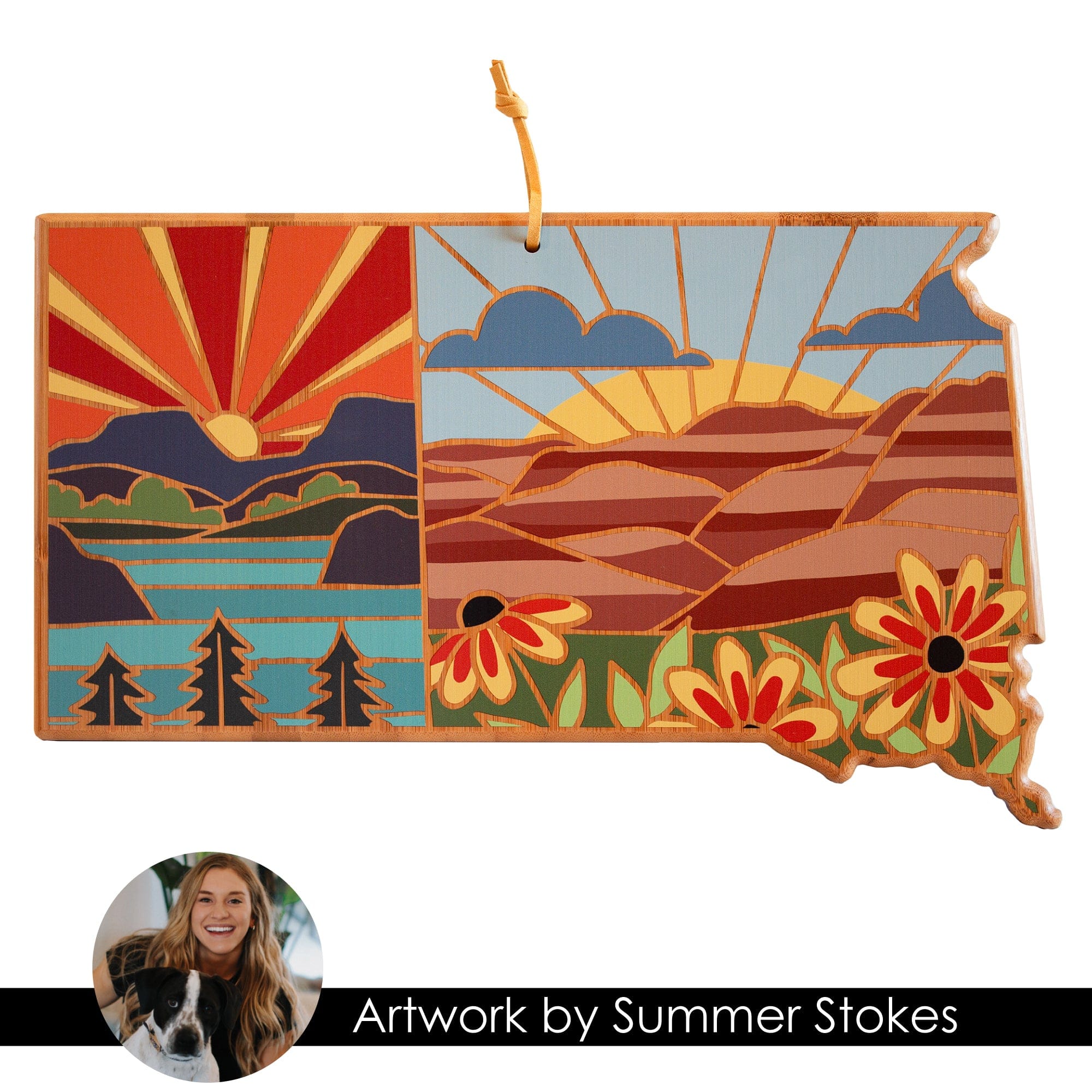 Totally Bamboo South Dakota State Shaped Serving and Cutting Board with Artwork by Summer Stokes