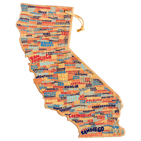 The California Cutting Board with Artwork by Wander on Words™ from Totally Bamboo features an intricately designed illustrated map of California carved into a state-shaped bamboo board. City names such as Los Angeles, San Francisco, and San Diego are artistically hand-lettered in a variety of vibrant colors and sizes across the state. For easy display, a hanging loop is included at the top.