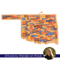 This Oklahoma-shaped cutting board, featuring vibrant city and town names in an illustrated map style, includes delightful artwork by Wander on Words™ and has the same charm as any from Totally Bamboo.