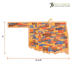 Discover the distinct appeal of our Oklahoma Cutting Board with Artwork by Wander on Words™, a beautifully crafted bamboo piece from Totally Bamboo. Featuring the etched outlines of Oklahoma and vibrant city names such as Tulsa, Oklahoma City, and Norman, this cutting board serves as both a functional tool and a decorative addition to your kitchen. Measuring 9 inches tall by 16-3/4 inches wide, it's an ideal accent that showcases state pride.