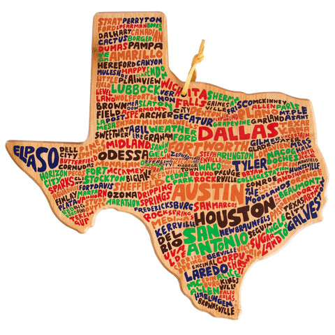 Explore the Texas Cutting Board with Artwork by Wander on Words™, offered by Totally Bamboo. This vibrant wooden map of Texas features city names like Dallas, Austin, and Houston arranged in colorful fonts over the iconic state silhouette—a perfect piece for those who love to wander on words!