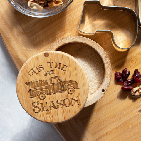 Totally Bamboo "Tis the Season" Christmas Salt Box: Magnetic Swivel Lid, Engraved Holiday Artwork, 6-Oz. Capacity
